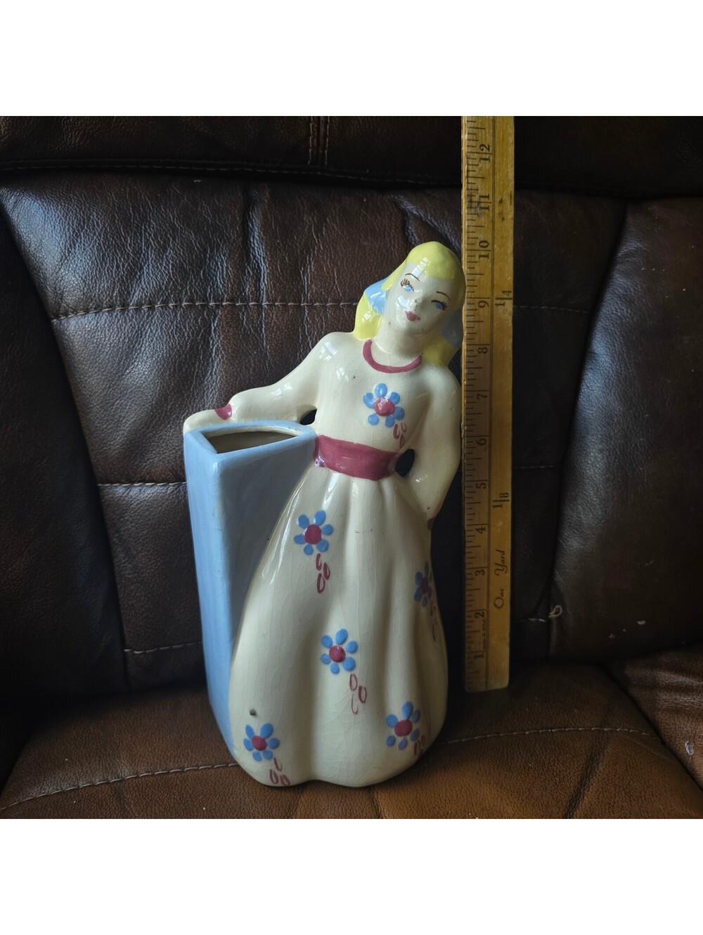 Vintage 1950s Ceramic Lady Wall Pocket Vase Blonde Southern Belle Floral Dress